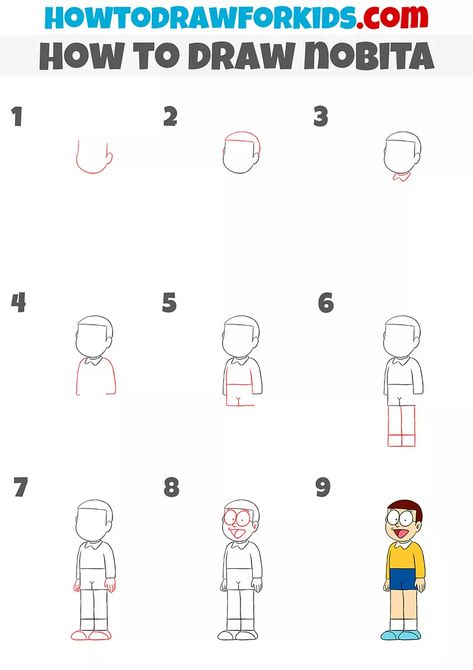 How to Draw Nobita - Easy Drawing Tutorial For Kids Nobita Drawing Step By Step, Nobita Drawing Easy, Nobita Sketch, Nobita Drawing, Comic Strip Ideas, Jerry Drawing, Easy Steps To Draw, English Comics, Steps To Draw