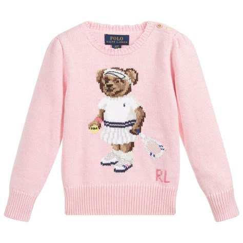 Girls pink sweater from Polo Ralph Lauren, knitted in soft mid-weight cotton with a cute bear design on the front. The smaller sizes have button fastenings on the shoulder. Pull Rose, Bear Sweater, Pull Bebe, Cotton Jumper, Ralph Lauren Kids, Polo Bear, Ralph Lauren Sweater, Cotton Polo, Baby Sweaters