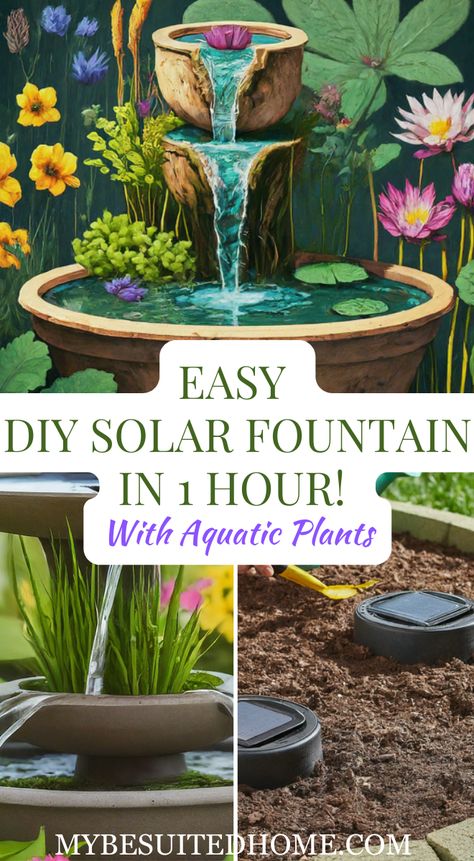 Liven up your garden in just 1 hour!  This easy DIY solar fountain guide includes everything you need to create a beautiful & eco-friendly water feature with aquatic plants. #solargarden #diyfountain #waterfeature Diy Solar Fountain Bird Baths, Solar Garden Water Features, Solar Powered Bird Bath Fountain, Diy Water Fountain Outdoor Mini Pond, Diy Bird Fountain Ideas, Planter Solar Fountain Diy, Yard Fountains Landscaping, How To Make A Water Fountain, Diy Solar Water Feature