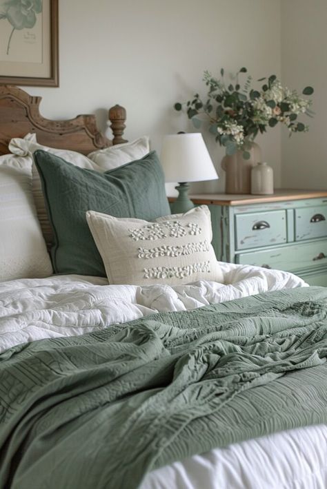 Green Farmhouse Interior, Sage And Navy Bedroom, Sage Green Farmhouse Bedroom, Green Farmhouse Bedroom, Sage Green Farmhouse, Sage Palette, Calm Interior, Sage Bedroom, Green Farmhouse