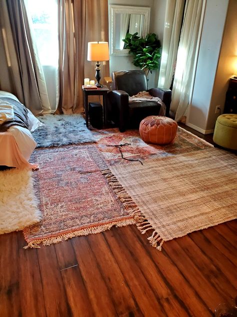 Multiple Rugs Bedroom, Stacked Rugs Living Room, Stacked Rugs Bedroom, Layering Rugs In Bedroom, Stacking Rugs, Layered Rugs Living Room Boho, Layered Carpets, Layered Area Rugs, Multiple Rugs In One Room