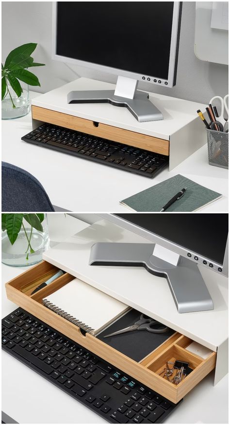 38 Desk Organizing Ideas That’ll Turn Your Office Into Clutter-Free Bliss in No Time (2023) - Living in a shoebox Ikea Elloven Monitor Stand, Desk Organization Multiple Monitors, Monitor Stand With Drawer, Desk With No Drawers Organization, Desktop Storage Ideas, Laptop Docking Station Setup, Dual Monitor Desk Workspaces, Desk Top Organization Ideas, Desk Set Up With Laptop And Monitor