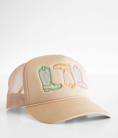 David & Young Cowboy Boots Trucker Hat - Women's Hats in Beige | Buckle Disco Cowgirl Accessories, Western Hats Women, Cowboy Hat Trucker Hat, Mom Trucker Hats, Embroidered Trucker Hat, Embroidered Trucker Hats, Women’s Trucker Hats, Cute Trucker Hats, Cute Hats For Women