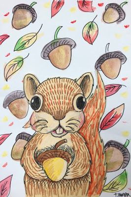 October Art 3rd Grade, Squirrel Directed Drawing For Kids, Squirrel Art Project, How To Draw A Squirrel, Squirrel Art For Kids, Fall Art Lessons, Squirrel With Nut, Squirrel Drawing, Fall Animals