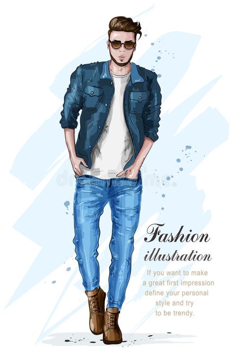 Stylish handsome man in fashion clothes. Fashion man. Hand drawn male model. Sketch. stock illustration Male Model Sketch, Mens Evening Wear, Fashion Sketches Men, Stylish Men Wear, Man Hand, Fashion Illustration Collage, Model Sketch, Mens Fashion Illustration, Denim Texture