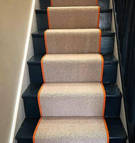 Painted Stairs Runner, Orange Stair Runner, Dark Painted Stairs With Runner, Bright Stair Runner, Colourful Stair Runner, White Staircase With Runner, Black Staircase With Runner, Stairs Runner Carpet, Black Stairs With Runner