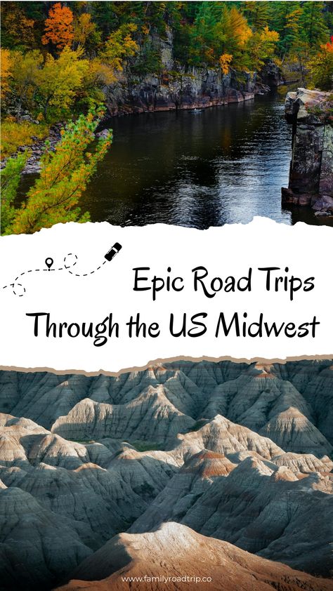 Embark on a journey through the heart of America's Midwest and discover breathtaking landscapes and captivating attractions along the way. Uncover hidden gems waiting to be explored as you set out on an unforgettable road trip through this picturesque region. Helping you find your next great family adventures we set out 12 different road trip routes to try - grab all the itinerary suggestions at familyroadtrip.co Fall Road Trips Midwest, Midwest Road Trip Map, Midwest Landscaping, Us Road Trip Routes, Midwest Family Vacations, Us Vacations, Family Vacations Usa, Midwest Vacations, Vacations With Kids