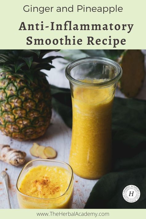 Inflammation Smoothie, Ginger Pineapple, Ginger Detox, Herbal Academy, Pineapple Ginger, Anti Inflammation Recipes, Turmeric Smoothie, Ginger Smoothie, Fresh Pineapple