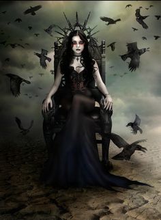 Mania, in ancient Greek religion, is the a spirit goddess of insanity, madness, and crazed frenzy and the dead Fete Emo, Art Vampire, Dark Gothic Art, Mark Ryden, Dark Queen, Art Noir, Raven Queen, Gothic Fantasy Art, Vampire Art