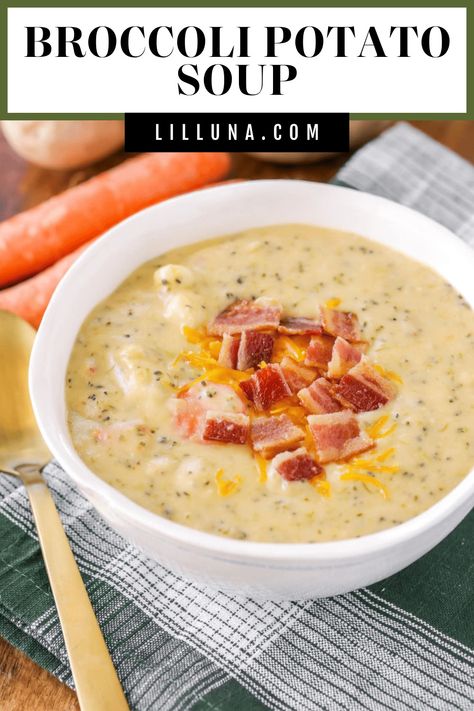 Thick and creamy Broccoli Potato Soup is full of delicious vegetables and seasonings. It's hearty and filling! #potataosoup #broccolisoup #soup #souprecipes #potatoes #broccoli Potato Broccoli Soup, Broccoli Potato Soup Recipes, Healthy Delicious Soups, Broccoli Potato Cheese Soup, Cheesy Broccoli Soup, Broccoli Potato Soup, Cream Soups, Broccoli Potato, Potatoes Broccoli