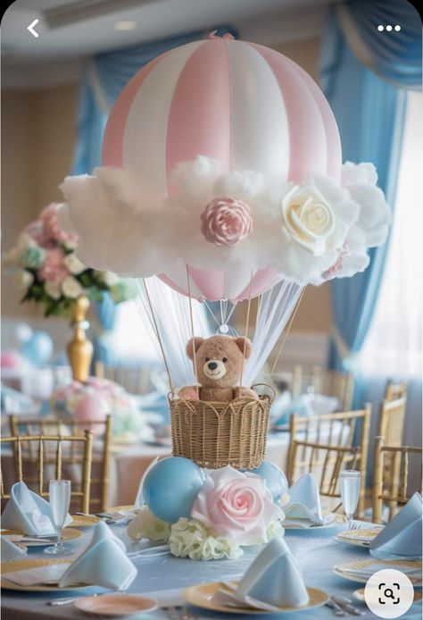 Hot Air Balloon Centerpiece Baby, Bear Hot Air Balloon Baby Shower Theme, Centerpiece For Baby Shower Girl, Bear Table Centerpiece, Bears Baby Shower Theme, Teddy Bear Baby Shower Centerpieces, Centerpiece For Baby Shower Boy, Baby Shower Centerpieces Girl, Bear Centerpiece Ideas