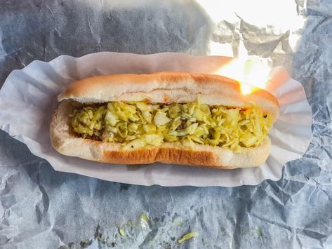 Marmet’s Yellow Slaw Offers a Tasty Twist on the Standard West Virginia Hot Dog | WVPB Hot Dog Slaw Recipe, Hot Slaw Recipe, Hot Dog Sauce Recipe, Slaw Dog, Hotdog Chili Recipe, Appalachian Recipes, Hot Dog Sauce, Hot Dog Chili, Burger Sliders