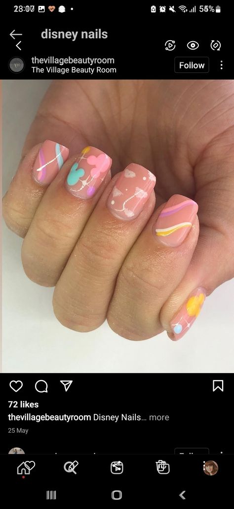 Summer Disney Nails Designs, Disney Nails Pastel, Disney Pastel Nails, Rainbow Disney Nails, Neon Disney Nails, Fun Disney Nails, Disney Spring Nails, Pastel Disney Nails, Minnie Mouse Disney Outfit