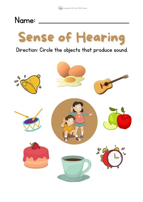 Direction: Circle the objects that produce sound. Sense Of Hearing Worksheet, Abc Order Worksheet, Sense Of Hearing, Snowman Writing, Speech Therapy Worksheets, Character Worksheets, Teach English Online, Senses Activities, Ecommerce Website Template