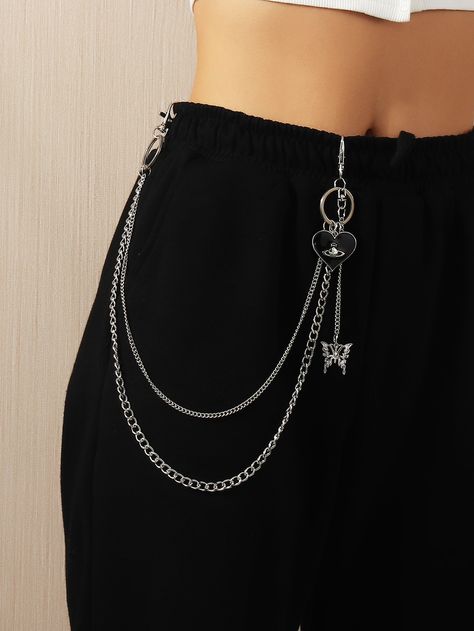 Silver Glamorous Collar  Iron  Trouser Chain Embellished   Women Accessories Pants With Chains, Chain Outfit, Jeans With Chains, Chains Aesthetic, Chain Pants, Chain Clothes, Jeans Chain, Silver Pants, Pant Chains