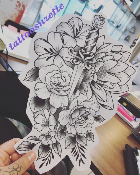 Shin Tattoo Drawings, Dagger Thigh Tattoos Women, Dagger Thigh Tattoo, Dagger And Flower Tattoo, Thigh Dagger Tattoo, Flower Dagger Tattoo, Dagger With Flowers Tattoo, Dagger Flower Tattoo, Floral Dagger Tattoo