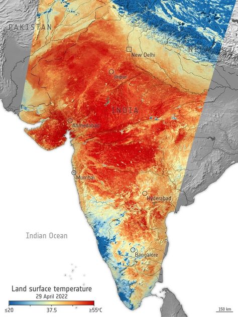 What have we done? The European Union’s Copernicus satellite has detected mindblowing land temperatures over the Indian Subcontinent. India is currently experiencing a lengthy heatwave, with temperatures in numerous cities across the country topping... The Land, Map, India