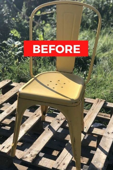 Are your outdoor metal chairs rusty and worn out? Give them a new life with this spray painting ombre idea. Check out the before and after photos of this retro metal chair. This upcycle idea is so cool you'll want to put these chairs in your dining room so you can enjoy seeing them all day long. This idea is also great for outdoor weddings or front porch. #diy #chair #makeover Diy Metal Chair, Metal Chair Makeover, Chair Makeover Ideas, Painting Plastic Chairs, Front Porch Diy, Painting Ombre, Painted Metal Chairs, Recycled Planters, Dining Chair Makeover