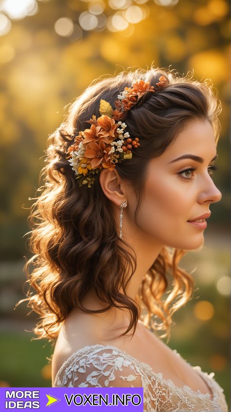 Wedding Hair With Fresh Flowers, Sunflower Hair Wedding, Fall Bride Hair, Fall Bride Hairstyles, Fall Bridal Hairstyles, Fall Wedding Hair For Bride, Fall Flower Crown Wedding, Wedding Hairstyles Romantic, Boho Wedding Hair Flowers