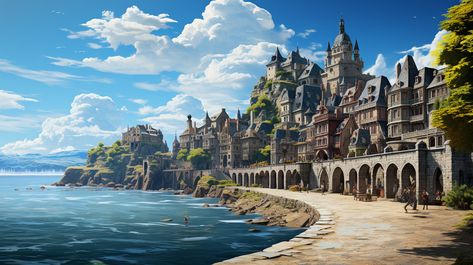 Coast City Fantasy Art, Coastal Town Fantasy Art, Fantasy Ocean Village, Seaside Village Fantasy Art, Coastal City Fantasy Art, Medieval Coastal City, Seaside City Fantasy Art, Fantasy Coastal City, Medieval Port City