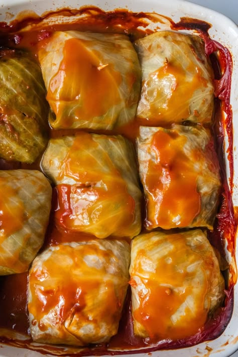 The best Polish Cabbage Rolls made with ground beef, rice and tomato soup. These classic homemade rolls are my family's favorite! Includes directions on how to easily blanch cabbage leaves to prevent tearing. Polish Cabbage Rolls, Best Cabbage Rolls Recipe, Polish Cabbage, Polish Stuffed Cabbage, Boiled Cabbage, Baked Cabbage, Ground Beef Rice, Beef Rice, Canned Tomato Soup