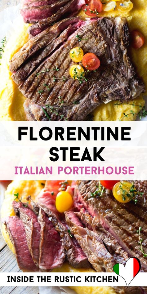 Florentine Steak (Bistecca alla Fiorentina). The most incredible Italian porterhouse steak char grilled to perfection. Perfect for special occasions or date night. Steak Florentine Recipe, Tuscan Steak, Florentine Steak, Striploin Steak, Kitchen Italian, Delicious Steak, Porterhouse Steak, Italian Recipes Traditional, Italian Recipes Easy