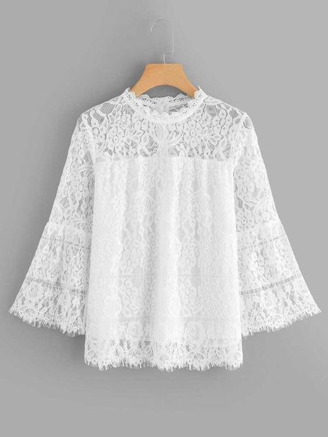 Free Returns ✓ Free Shipping On Orders $49+ ✓. Contrast Lace Solid Blouse- Blouses at SHEIN. Lace Top Design, Lace Dress Outfit, Lace Outer, Kebaya Modern Dress, Women Lace Blouse, Stylish Short Dresses, Lace Outfit, Short Lace Dress, Wedding Gowns Lace