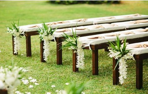 Wedding Benches Decorations, Wedding Bench Decoration, Wedding Bench Decor, Ceremony Benches, Outdoor Ceremony Seating, Dangling Flowers, Wedding Bench, Lawn Wedding, Men's Volleyball