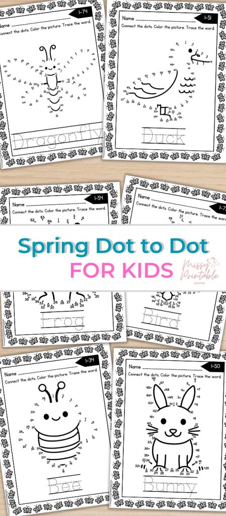 Free Spring Dot to Dot Printable Worksheets - MissyPrintableDesign Connect The Dots Printable For Kids, Dot To Dot Printables For Kids Free, Printable Easter Activities, Dot To Dot Printables, Dots Free, Spring Words, Dot Worksheets, Easter Activities For Kids, Dot To Dot