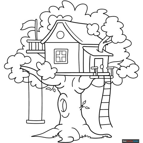 Free Tree House Coloring Page for Kids Tree House Drawing Easy, Colouring Pictures For Kids, Easy House Drawing, Tree House Coloring Pages, Tree House Drawing Simple, Tree House Art Drawing, House Coloring Pages For Kids, Tree House Sketch Drawings, Treehouse Coloring Page