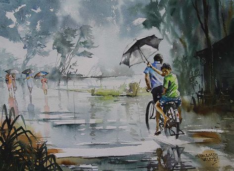 Cheerful boys on a rainy day during monsoon. Watercolor painting. A scene from Kerala Rainy Season Drawing, Rainy Day Watercolor, Rainy Day Drawing, Village Drawing, Village Scenery, Memory Drawing, Paintings Nature, Drawing Scenery, Watercolor Scenery