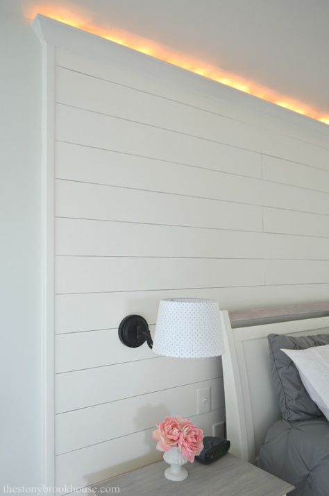 White Wooden Accent Wall, Plank Wall Behind Bed, Shipload Bedroom Wall, Shiplap Wall With Lights, Shiplap Headboard With Lights, Partial Shiplap Wall Bedroom, Accent Wall Behind Bunk Bed, Plank Accent Wall Bedroom, Shiplap Wall Behind Bed