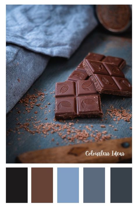 Chocolate Brown And Blue Color Palette, Chocolate Color Combinations, Chocolate Brown Color Combinations, Chocolate Colour Palette, Brown Living Room Color Schemes, Chocolate Color Palette, Food Colors Palette, Brown And Blue Living Room, Chocolate Palette