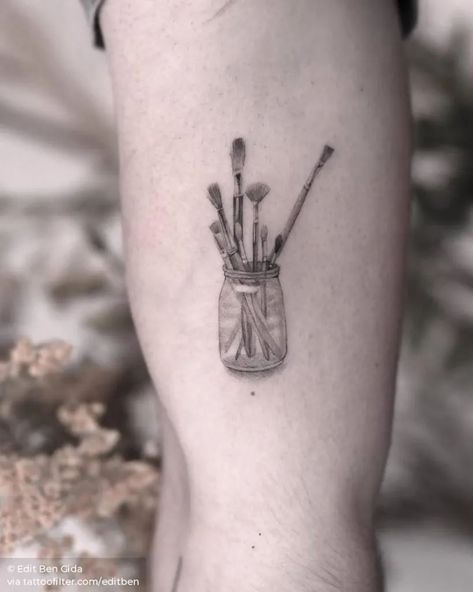 Painter Tattoo Ideas, Painters Tattoo Ideas, Painter Tattoo, Paintbrush Tattoo, Makeup Artist Tattoo, Brush Tattoo, Single Needle Tattoo, Painting Tattoo, Makeup Tattoos