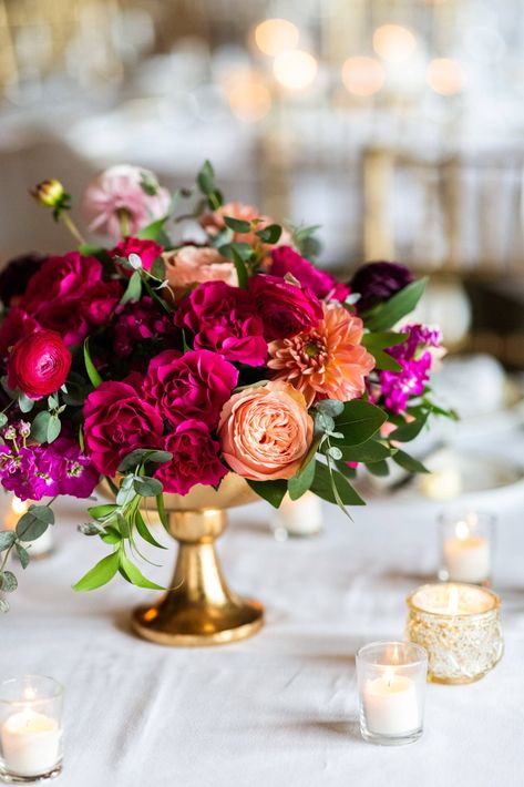 Jewel Tone Event Decor, Jewel Tone Garden Wedding, Gem Tone Wedding Flowers, Jewel Tone Wedding Centerpieces Round Table, Jewel Tone Wedding Flowers Centerpieces, Jewel Tone Wedding Theme Table Settings, Moody Romantic Wedding Flowers, Jewel Tone Bud Vases, Jewel Tone Centerpieces Wedding