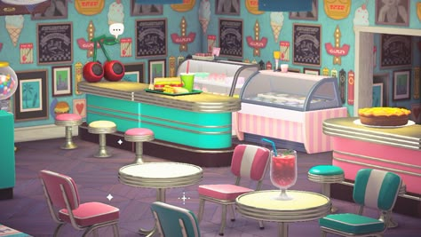 Diner Ideas Acnh, Acnh Fastfood, Animal Crossing Dinner Ideas, Animal Crossing Diner Panel Design, Animal Crossing Diner Ideas, Acnh Retro Island, Acnh Diner Designs, Acnh Retro Designs, Diner Animal Crossing