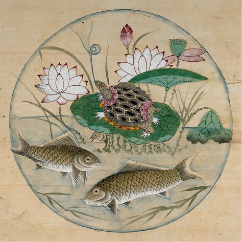 Korean Mythology, Chinese Folk Art, Fish Artwork, Sea Nature, Korean Art, Japanese Painting, Natural Frame, Traditional Paintings, Korean Artist