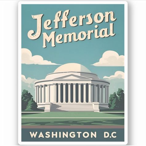 Celebrate American history with this retro graphic design featuring the iconic Jefferson Memorial. With its timeless appeal and vintage charm, this design pays homage to one of the nation's most beloved landmarks in a style reminiscent of classic travel posters and mid-century aesthetics. Travel Elements, Jefferson Memorial, Retro Graphic Design, Journal Travel, Vintage Travel, American History, Travel Posters, Washington Dc, Sticker Labels