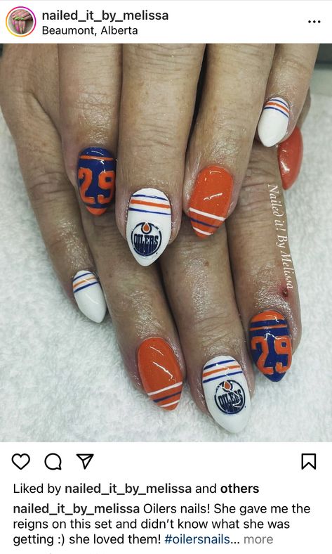 Edmonton Oilers Nails, Oilers Nails, Edmonton Oilers, Nails 2024, Nail Ideas, Gel Nails, Nail Designs, Nail Art, Nails