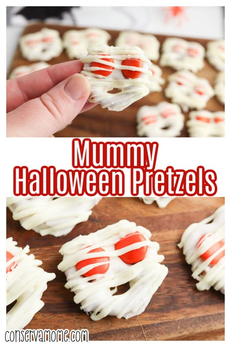 Looking for an easy Halloween pretzels treat? Then check out this  Fast and Easy Spooky Mummy Halloween Pretzels food craft that's not just fun to make but so delicious! Halloween Themed Pretzels, Halloween Decorated Pretzels, Halloween Desserts Pretzels, Pretzel Fingers Halloween, Cobweb Pretzel, Halloween Pretzels, Pretzel Treats, Halloween Treats Easy, Fun Halloween Crafts