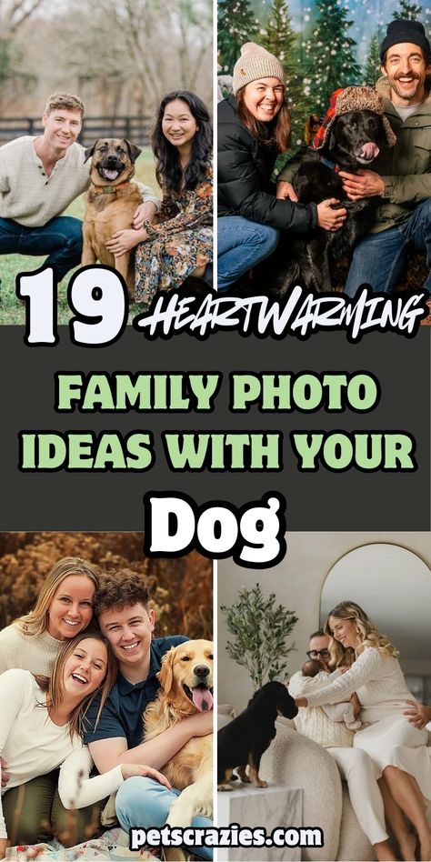 Capture the joy of family with these 19 creative dog photo ideas! Perfect for making memories that last a lifetime. Family Portrait With Dog Ideas, Goofy Family Photos, Dog With Owner Photography, Photo Session With Dog, Family Poses With Dog, Family Pictures With Dogs And Kids, Pictures With Dogs Ideas, Pet Photoshoot Ideas, Photography Poses With Dogs