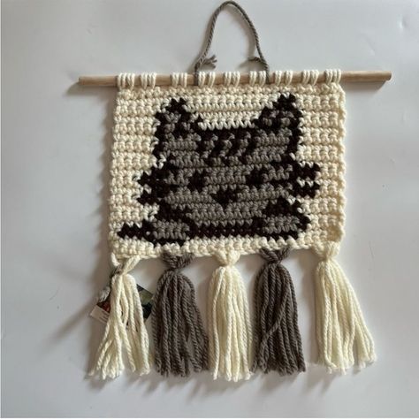 Cat Crochet Macrame Wall Hanging Fringe Tassel Tapestry Grey Cream NEW 12x15.5 Handmade Wall Decor, Tassel Fringe, Crochet Cat, Handmade Home Decor, Tapestry Wall Hanging, Handmade Home, Macrame Wall, Macrame Wall Hanging, Bohemian Decor