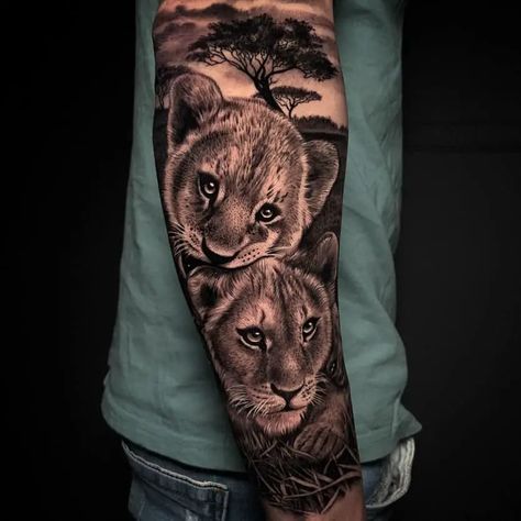 Momma Lion And Cub Tattoo, Two Cubs Tattoo, Lion And Cub Tattoo Father, Lion Cubs Tattoo, Lion And Cub Tattoo, Family Sleeve Tattoo, Lioness And Cub Tattoo, Tattoo Father, Lion Cub Tattoo