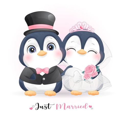 Cute doodle penguin with wedding clothes... | Premium Vector #Freepik #vector Cute Penguin Couple, Couple Doodle, Drawing Wedding Invitation, Penguin Couple, Cherry Blossom Wedding Invitations, Cherry Blossom Watercolor, Red Wedding Invitations, Floral Wedding Invitation Card, Cute Doodle