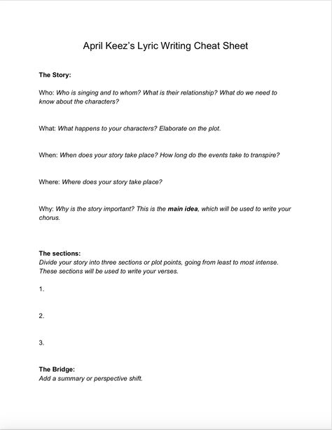 Songwriting Cheat Sheet, Lyric Writing Template, Songwriting Tips Cheat Sheets, Lyric Writing Tips, Music Prompts, Writing Cheat Sheet, Lyric Writing, Songwriting Tips, Song Writing