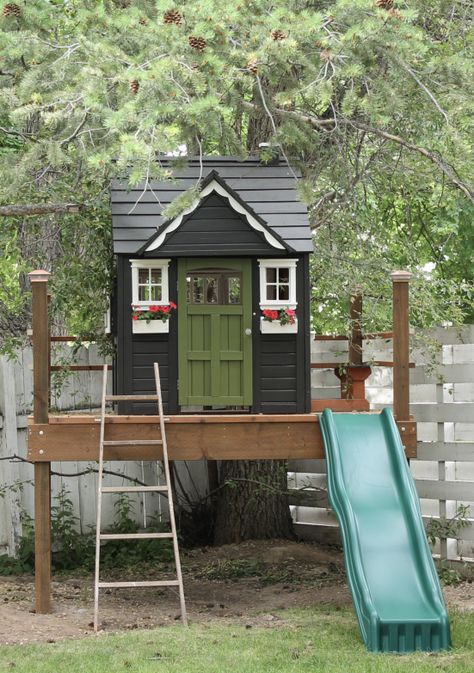 darling Painted Cubby House, Cedar Playhouse Makeover, Painted Wendy House, Black Playhouse, Outdoor Playhouse Interior Ideas, Wendy House Ideas, Colorful Playhouse, Playhouse Paint Ideas, Farm Playroom