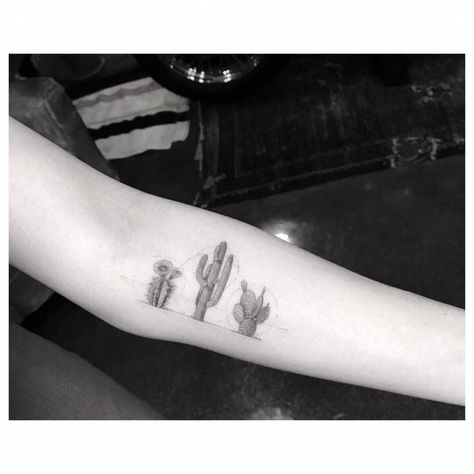 Single needle cactus family tattoo on the left inner forearm. Tattoo Artist: Dr. Woo Cactus Tattoos, Desert Tattoo, Ink Therapy, Dr Woo, Inner Forearm Tattoo, Cactus Tattoo, Sister Tattoo, Single Needle Tattoo, Inner Forearm