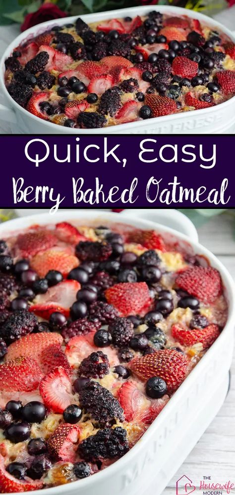 Triple berry baked oatmeal. This quick and easy berry oatmeal bake is going to be your new favorite breakfast. Berry Oatmeal Bake, Berry Baked Oatmeal, Oatmeal Bake, Berry Oatmeal, Oatmeal With Fruit, Healthy Foods To Make, Breakfast Oatmeal Recipes, Berry Breakfast, Baked Oatmeal Recipes