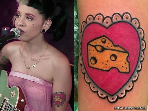 melanie-martinez-cheese-tattoo Melanie Martinez Tattoo, Martinez Tattoo, Melanie Martinez Lyrics, 12 Tattoos, Bunny Tattoos, Upper Arm Tattoos, Steal Her Style, Calf Tattoo, Celebrity Style Red Carpet