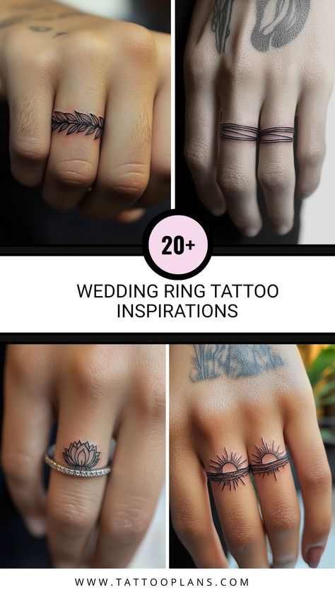 Explore 20 wedding ring tattoo ideas featuring unique designs like floral, geometric and personal quotes in 4 beautiful images. Discover the perfect tattoo to symbolize your everlasting love. Tattoos Coordinates, Wedding Finger Tattoo, Personal Storytelling, Wedding Ring Tattoo Ideas, Bracelet Tattoo Ideas, Wedding Ring Finger Tattoos, Ring Tattoo Ideas, Designed Tattoos, Ring Finger Tattoo